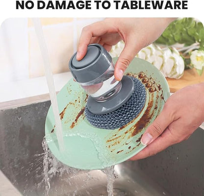 Multifunctional Pressing Cleaning Brush, Kitchen Soap Press Dispensing Brush, Metal Sponge with Detergent Dispenser (PET)