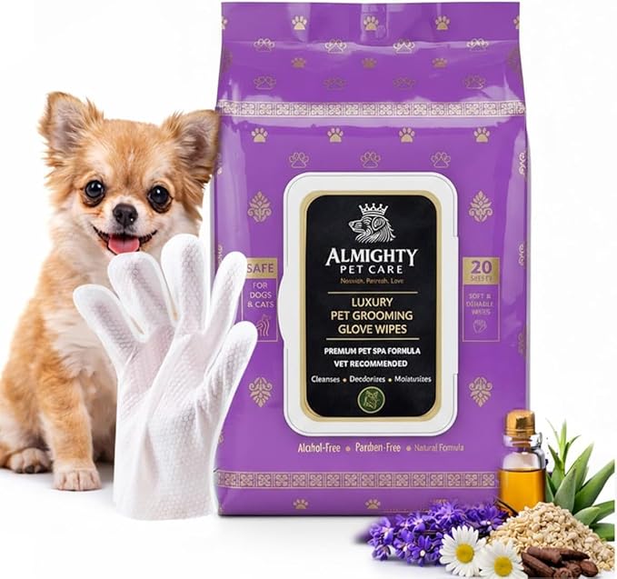 Premium Pet Grooming Glove Wipes for Dogs & Cats, 3X Thick No-Rinse Bathing Gloves, Hypoallergenic Deodorizing Paw & Body Cleaner, Grooms Hydrates & Nourishes, 20 Count, Lavender Scent
