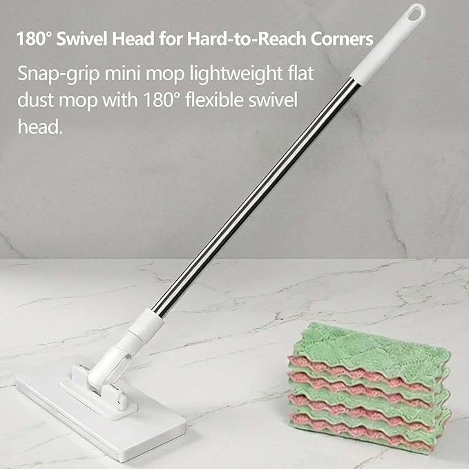 Snap Grip Mini Mop, 2026 Upgraded Disposable Dust Mop, Zero Touch Mini Mops, Convenient Cloth Changing Mops for Kitchen Counter, Foldable 130cm Adjustable Long Handle Mopping Stick (10*Cloth)