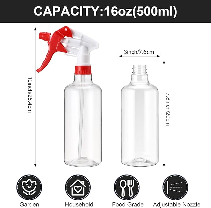 Eccliy 12 Pcs 16 Oz Plastic Spray Bottle, Adjustable Empty Reusable Sprayer for Cleaning, Planting, Water, Bathroom and Kitchen, BBQ, Commercial and Residential (Clear,Red)