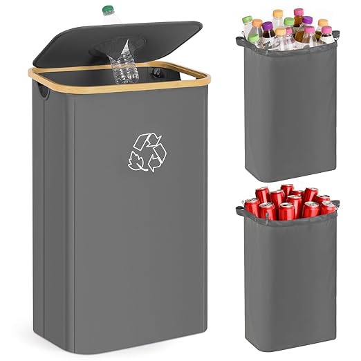 Recycling Bin for Kitchen, 26 Gallon 100L Indoor Home Recycle Bin with Lid and 2 Removeable Reusable Inner Bags, for Bottles, Cans, Glass, Plastic & Stickers, Grey
