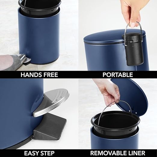 mDesign Metal 1.3 Gallon/5 Liter Round Step Trash Wastebasket, Garbage Container Bin with Lid for Bathroom, Powder Room, Bedroom, Kitchen, Craft Room, Office - Removable Liner Bucket - Navy Blue