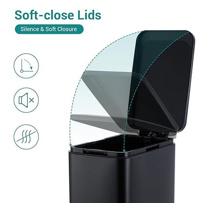 13-Gallon Kitchen Trash Can, 50-Liter Slim Stainless Steel Pedal Trash Bin, Pedal Trash Can with Soft-Close Lid, Fingerprint-Resistant, with Removable Inner Bucket, Suitable for Small Spaces,Black
