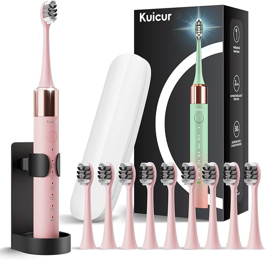 Kuicur Sonic Electric Toothbrush for Adults & Kids, Rechargeable Electric Toothbrush with 10 Brush Heads & Travel Case, Teeth Whitening, Power Tooth Brush with Holder, Charge for 120 Days - Pink