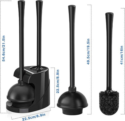 Toilet Plunger and Brush, Bowl Brush and Heavy Duty Toilet Plunger Set with Ventilated Holder, 2-in-1 Bathroom Cleaning Combo with Modern Caddy Stand for 5.7-inch Toilet Drain(Black, 2 Set)