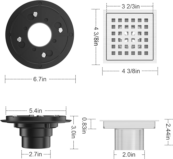 EXF Square Shower Drain 4-3/8 Inch Brushed Nickel, Stainless Steel Shower Floor Drain Kit with ABS Flange, Removable Cover Grid Grate, Hair Strainer