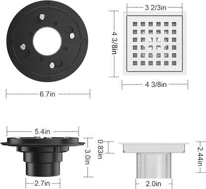 EXF Square Shower Drain 4-3/8 Inch Brushed Nickel, Stainless Steel Shower Floor Drain Kit with ABS Flange, Removable Cover Grid Grate, Hair Strainer