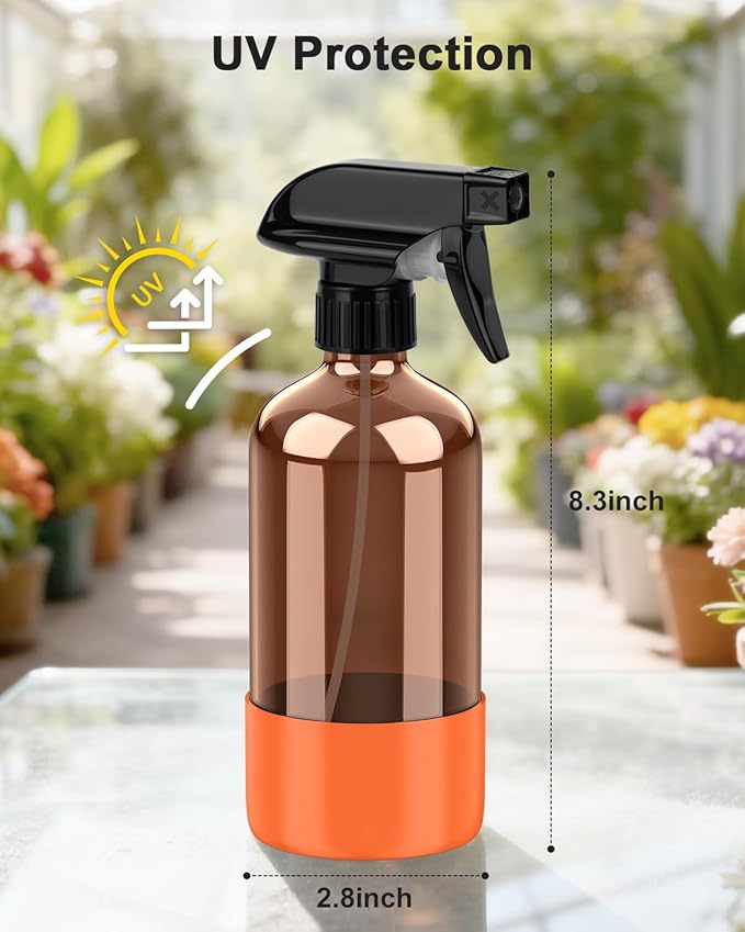 Bontip Amber Glass Spray Bottle with Silicone Sleeve Protection, 16 oz Refillable Spray Bottles for Cleaning Solutions, Plants, Aromatherapy, Facial Hydration (1, Orange, 16 oz)
