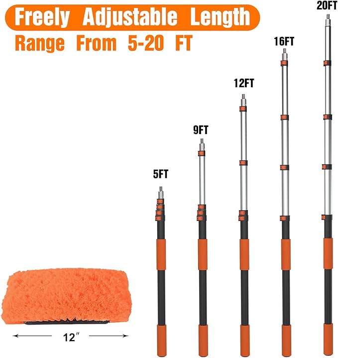 LAANPOLE 20FT Car Wash Brush with Long Handle, Car Cleaning Kit with Soft Bristle Wash Brush, Microfiber Cleaning Mop, Window Squeegee, Mitt, Wheel Brush for RV, Truck, Boat, House Siding