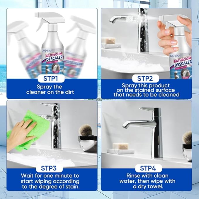 Bathroom Descaler Foam Cleaner 2025|Powerful Cleaner Spray for Shower,Bathtub,Glass,Faucet,Tile,Toilet|Strong Cleaning for Stubborn Stains&Limescale Removal with 2 Microfiber Cloths (1 PC-2oz)