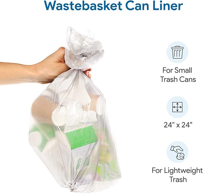 7-10 Gallon Clear Garbage Can Liners, 500 Count - Small - Medium Trash Can Liners - High Density, Thin, Lightweight, 8 Microns - For Office, Home, Hospital Wastebaskets - 10 Coreless Rolls