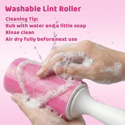 Washable Gel Lint Roller 2 Pack, Reusable Sticky Lint Roller Portable Pet Hair Remover Cleaner for Clothes, Travel, Home, Large with Cover, Pink