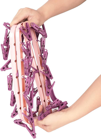 Foshine Clothes Drying Racks Foldable Clip Hangers Plastic with 32 Drying Clips Wind-Proof Hook Underwear Hanger for Socks Bras (Pink)