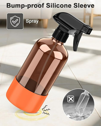 Bontip Amber Glass Spray Bottle with Silicone Sleeve Protection, 16 oz Refillable Spray Bottles for Cleaning Solutions, Plants, Aromatherapy, Facial Hydration (1, Orange, 16 oz)