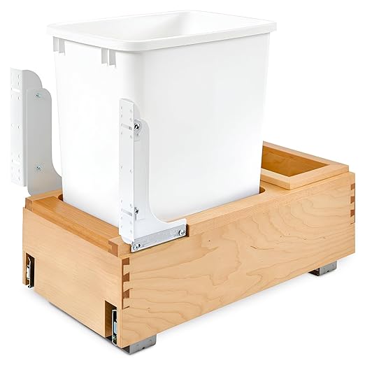 Rev-A-Shelf Single 35 Qt Wood Bottom Mount Pullout Under Cabinet Trash Can Waste Container with Full Extension Ball Bearings, Maple Wood, 4WC-15DM1