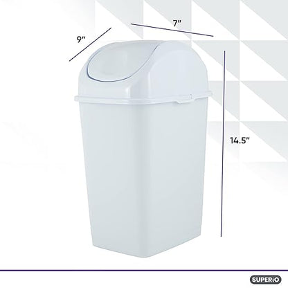 Superio Small Plastic Trash Can with Swing Top Lid, Compact Slim Waste Bin for Under Desk, Office, Bedroom, Bathroom, Dorm Room, 10 Qt. Portable Garbage Can 2.5 Gallon (White, 2 Pack)
