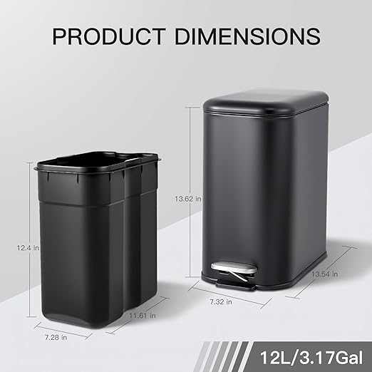 GlowSol Bathroom Trash Can with Lid, 3.2 Gallon 12 L Stainless Steel Step Trash Can with Removable Liner Bucket, Slim Small Wastebasket for Toilet Bedroom Office, Black