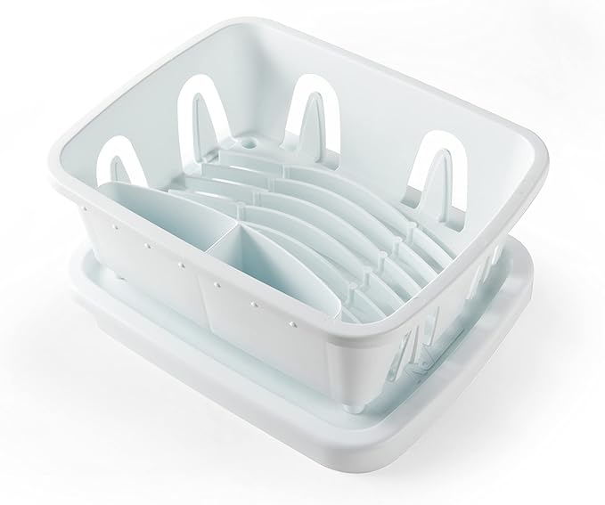 Camco RV Mini Dish Drainer & Tray - Features a Sloped Drain Tray Design, Heavy-Duty Construction - Ideal for Small Spaces, Apartments, Boats, and More -9.5"L x 11.7"W x 4.75"H - White (43511)