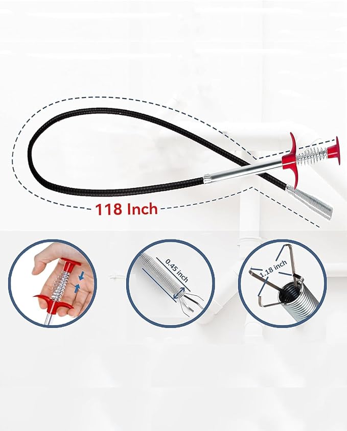 118" Flexible Grabber Claw Reacher Tool, Drain Clog Remover Drain Snake, Hair Clog Removal Tool for Kitchen Sink, Bathroom Bathtub and Toilet Drains