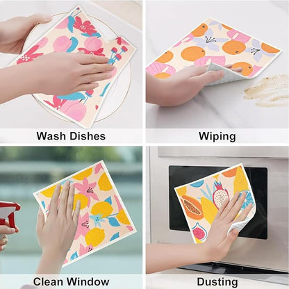 6 - Pack Swedish Kitchen Dish Cloths - Reusable Paper Towels for Counters & Dishes - Eco Friendly Cellulose Sponge Cloth (Fruit Plants)