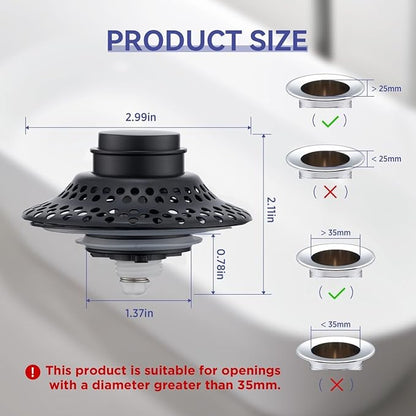 Universal Bathtub Drain Stopper with Removable Hair Catcher, 3-in-1 Pop-up Drain Plug Fits 1.38 to 2.1 Inch Holes, Upgrade Shower Drain Cover with Stainless Steel Filter