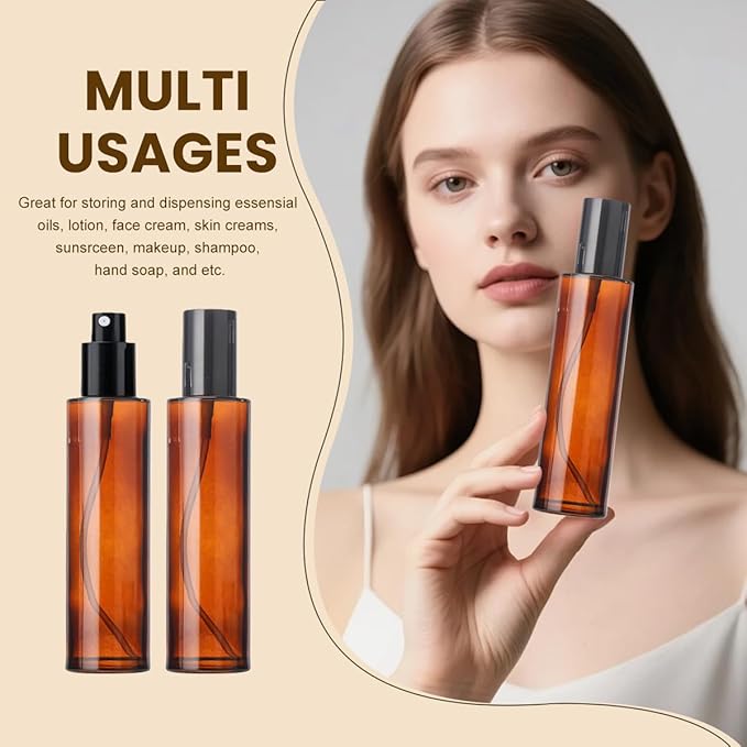 UPSTORE 2 Pcs 100ml 3.4oz Amber Glass Spray Bottles Refillable Fine Mist Spray Bottles Cosmetic Bottles Container Vials for Essential Oils Aromatherapy Perfumes Makeup