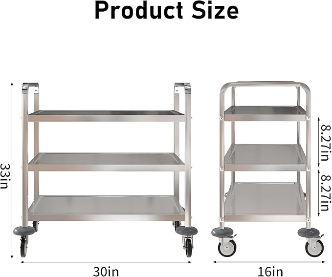 uyoyous 3 Tier Stainless Steel Utility Cart, 360° Rotation Wheels & 400 lbs Capacity, Commercial Serving Cart Heavy Duty Rolling Cart for Kitchen Hotel Restaurant Home, 30" L x 16" W x 33" H