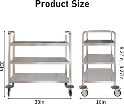 uyoyous 3 Tier Stainless Steel Utility Cart, 360° Rotation Wheels & 400 lbs Capacity, Commercial Serving Cart Heavy Duty Rolling Cart for Kitchen Hotel Restaurant Home, 30" L x 16" W x 33" H