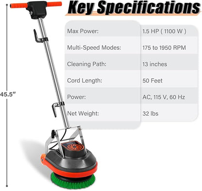 HHQ Commercial Floor Scrubber Machine, 13" Heavy Duty Orbital Floor Cleaner Buffer and Polisher- Deep Cleaning Hard Floors and Carpets with Ease, 3 Brushes & 3 Cleaning Pads, Orb-6