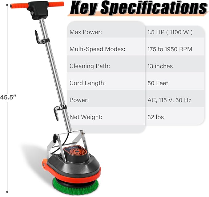 HHQ Commercial Floor Scrubber Machine with Brushes and Pads, Heavy Duty Floor Cleaner Polisher and Buffer- Deep Cleaning Tile and Grout, Hardwood Floors and Carpets without Getting on Hands and Knees
