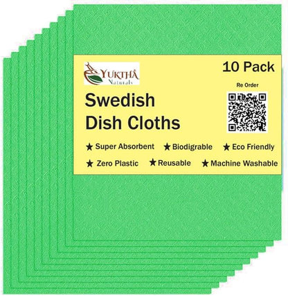 Swedish Dish Cloths - 10 Pack Reusable Kitchen Dishcloths - Ultra Absorbent Dish Towels for Washing Dishes - Cellulose Sponge Cloth Cleaning Rag (Green)