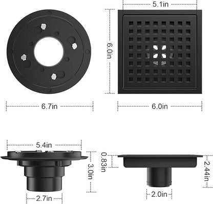 EXF 6-Inch Square Shower Drain with ABS Flange Base, Matte Black 304 Stainless Steel Floor Drain, Removable Grate and Hair Strainer for Modern Bathroom Remodels and Curbless Showers