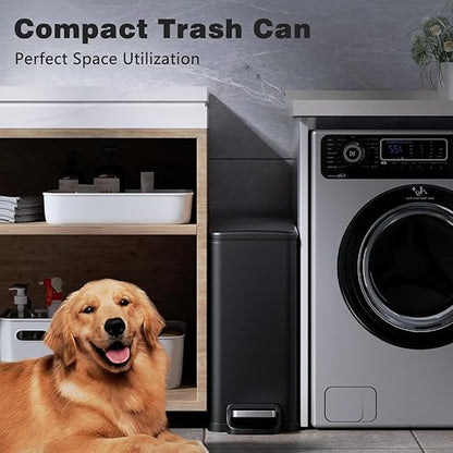 Slim Bathroom Trash Can with Lid Soft Close, 2.6 Gallon Stainless Steel Garbage Can with Removable Inner Bucket, Durable Step Pedal, Small Trash Bins for Toilet, Bedroom, Kitchen, Office