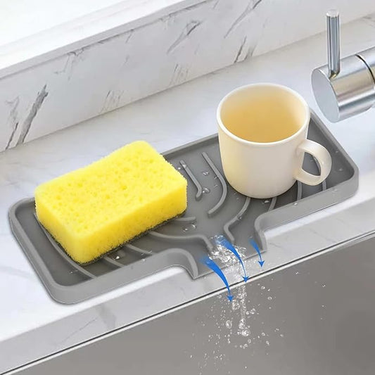 JACZZO Silicone Sponge Holder for Kitchen Sink, (10x4 In) Sink Caddy with Drain Spout, Self Draining Soap Tray & Organizer, Kitchen Accessories,Bathroom Organizer, Easy to Clean (Grey)