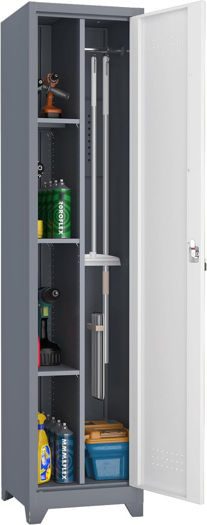 Broom Closet Utility Storage Cabinet with Locking Door and 2 Shelves, 65" H Slim Tool Cabinet for Broom and Mops (Gray,65“H-1 Door) (GrayWhite, 65" H-1Door)
