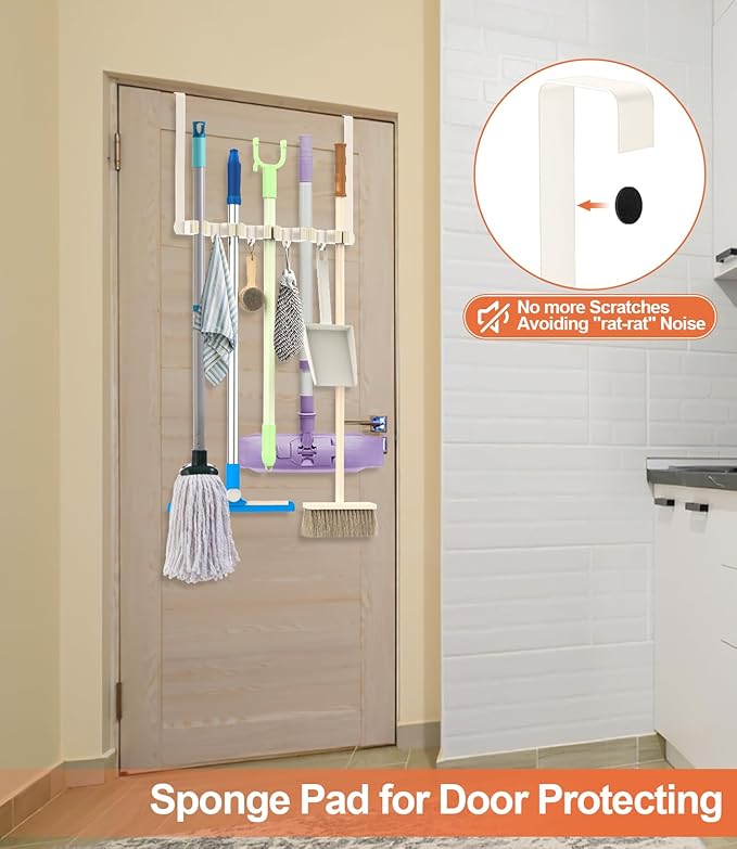 Broom Holder Over The Door Drilling Free Mop and Broom Holder with 4 Over Door Hook, Metal Mop and broom hanger Wall Mount Broom Storage Tool Organizer for Laundry Room Garage Bathroom - light beige