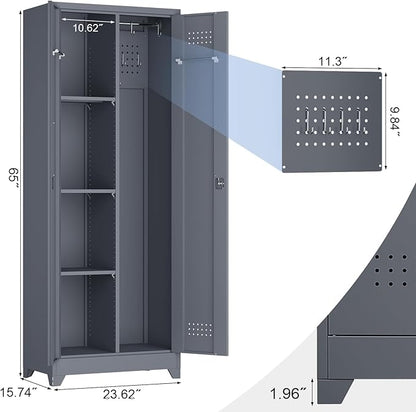 65" H Metal Garage Storage Cabinet,Broom Closet Storage Cabinet with Adjust Shelves,Utility Cabinet,Utility Closet for Garage,Gray