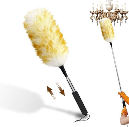 Extendable Wool Duster, 18-48 Inch Long Handle Duster with Natural Fluffy Wool Head, Dusters for Cleaning Ceiling Fans, Blinds, High Ceilings, Furniture, Washable & Reusable