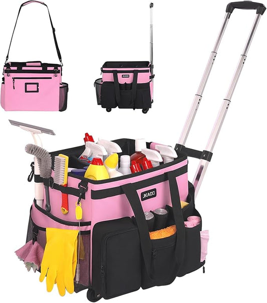 JKAOO Large Rolling Cleaning Caddy Bag with Detachable Trolley, Waterproof Cleaning Caddy on Wheels for Housekeepers, Cleaning Cart Supplies Organizer for Home,Car,Office,Picnic (Pink) (in Patent)