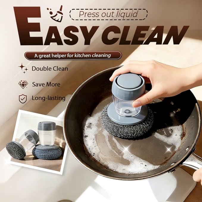Comfort Grip Soap Dispensing Kitchen Scrub, 2026 New Dish Brush Soap Dispenser, Built-in Liquid Dispenser, with Replaceable Nylon/Wire Bristles (3PET Brush + 6 Accessories)