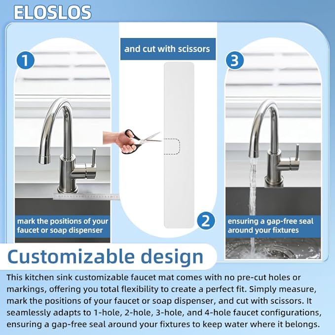 30"L x 5.5"W Customizable Sink Faucet Mat for Kitchen Sink 2 Holes & 3 Holes, DIY Cut for Oval/Rectangle/Square Faucets, Extra Long Quick-Drying Absorbent Splash Guard Counter Protector, White
