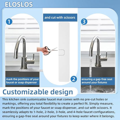 30"L x 5.5"W Customizable Sink Faucet Mat for Kitchen Sink 2 Holes & 3 Holes, DIY Cut for Oval/Rectangle/Square Faucets, Extra Long Quick-Drying Absorbent Splash Guard Counter Protector, White