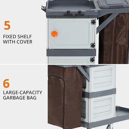 Commercial 3-Shelf Janitorial Cart with 2 Cabinet,Commercial Cleaning Cart on Wheels with Cover, Shelves, and Oxford Bag, Housekeeping Cleaning Caddy Service Carts for School Hotel Apartment