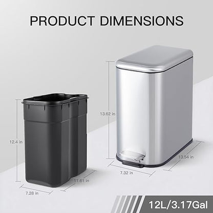 GlowSol Bathroom Trash Can with Lid, 3.2 Gallon 12 L Stainless Steel Step Trash Can with Removable Liner Bucket, Slim Small Wastebasket for Toilet Bedroom Office, Silver