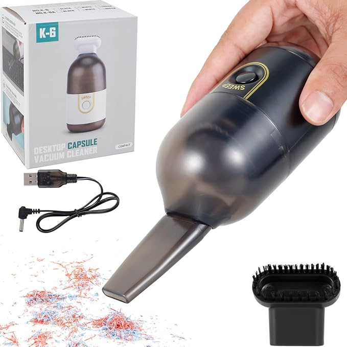 Powerful Suction 2200 pa Desktop Vacuum Cleaner, Desktop Mini Handheld Vaccum, USB Rechargeable Mini Dust Sweeper, with Brush Handheld Cordless Silent Portable Dust Cleaner for Office Car (Black)