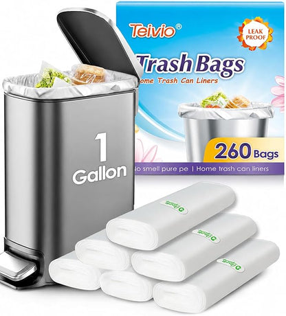 Teivio 1 Gallon 260 Counts Strong Clear Trash Bags Garbage Bags,Mini Waste Basket Liners,Tiny Bathroom Trash Can Bin Liners,Small Plastic Bags for Home Office Kitchen Car Bedroom Dog waste Baby Diaper