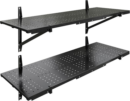 FLEXIMOUNTS 2-Pack 1x3ft Garage Shelving 14-inch-by-34-inch Perforated Wall Shelf, Heavy Duty Garage Storage Rack with 700 lbs Load Capacity, Wall Mounted Organization System for Tools, Heavy Bins
