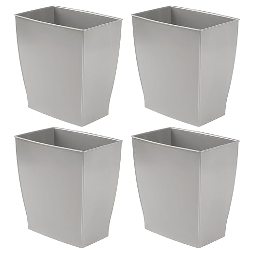 iDesign Small Plastic Bathroom Trash Can, Slim Rectangle Garbage Bin for Bedroom, Office, Dorm, 4-Pack, Gray