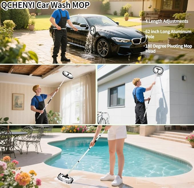 62 Inch Car wash Brush with Long Aluminum Pole, Car Wash Brush Microfiber Car Cleaning Brush Kit, Washing Mop Kit of Scratch-Free Replacement Head for Car, RV Truck,(Black)