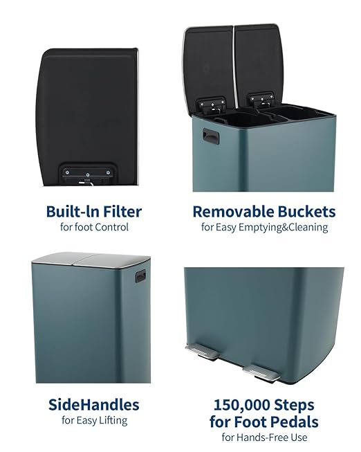 PrecisionAuto 60L Dual Compartment Kitchen Trash Can – Stainless Steel, Soft-Close Lid, Odor Control, Hands-Free Step Pedal, Removable Leak-Proof Bins, Large Waste & Recycling Capacity, Fingerprint